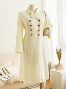 SHEIN Frenchy Plus Size Solid Color Double-Breasted Long Sleeve Elegant Jacket Fall/Winter - Apricot - View 6