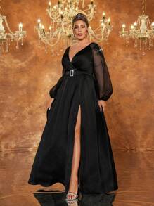 SHEIN Belle Plus Size Black Handmade Embroidered 3D Pearls Satin & Denim A-Line Slit Elegant Formal Evening Gown, Long Sleeve Prom Dress, For Wedding Guest, Graduation, Dinner