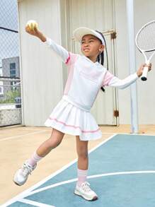 SHEIN Young Girl' Sporty Hoodies Knitted Pullover Sweatshirt With Contrast Color Panels And Reflective Strips, Everyday Casual Wear