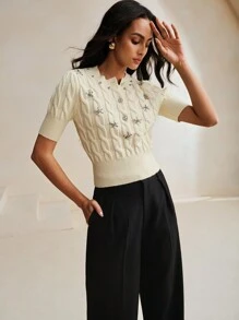 Anewsta Women's Rhinestone Detail Wide Hem Cable Knit Top - Beige - View 4