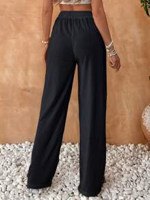 Pantalon De Lin Large À Jambe Large Pour Femme, Été De Couleur Solide Beige, Taille Haute Avec Cordon De Serrage
