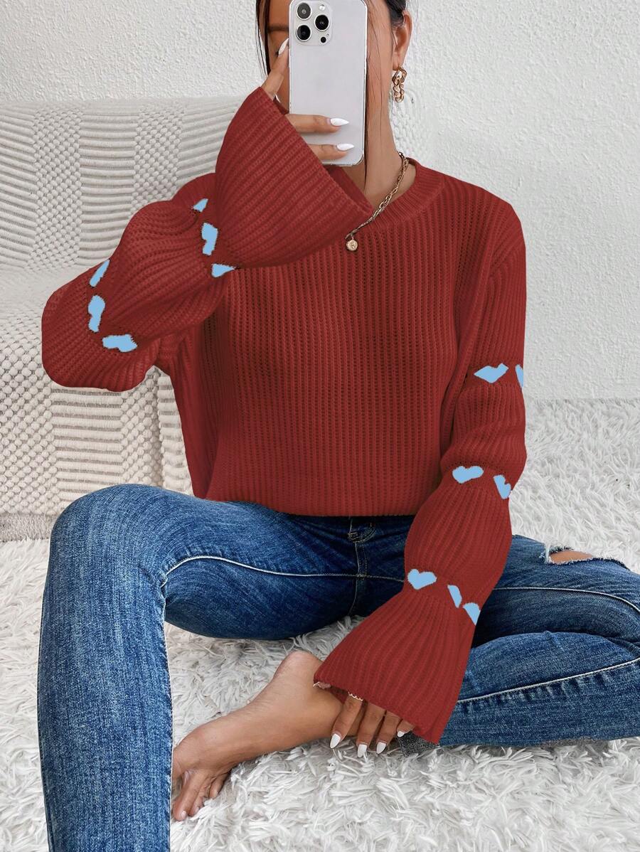 SHEIN Unity Suéter holgado de punto acanalado con patrón de corazón, suéter de punto informal para otoño/invierno - Color caoba - Ver 1