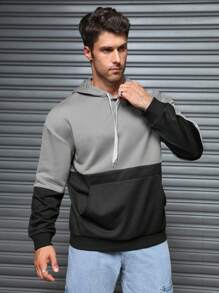 Manfinity Homme Men's Grey & Black Patchwork Hooded Sweatshirt With Pockets - Black - View 4