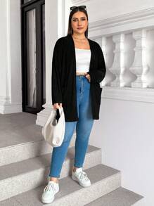 SHEIN Essnce 大码女式秋冬休闲时尚宽松黑色纹理面料口袋开衫外套、秋季女装、女式外套、曲线上衣 - 黑色 - 查看 6