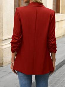 SHEIN LUNE 女士经典披肩领褶皱七分袖西装外套，适合秋冬季日常通勤，休闲百搭 - 酒紅色 - 查看 2