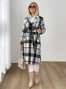 SHEIN LUNE Women's Plaid Notch Collar Long Sleeve Long Casual Blazer Jacket - Fall/Winter