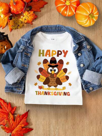Camiseta de manga larga cuello redondo con estampado de letra de Acción de Gracias de pavo simple para bebé niño, otoño