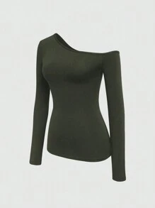 INAWLY 女士休闲不对称领长袖纯色 T 恤 - 軍綠色 - 查看 3