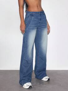 Women's Loose Fit Casual Wide Leg Jeans With Pocket - Medium Wash - View 3