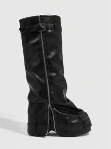 Sugerpunk Solid Color Thick Sole Buckled Zip Punk Boots, Casual Everyday Wear For And Spring Shoes Spring Break Easter For Christmas Valentine's Day - Black - View 3