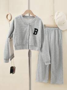 SHEIN 2pcs Tween Girl Autumn/Winter Outfit - Letter Applique Sweatshirt & Casual Pants Set, Grey