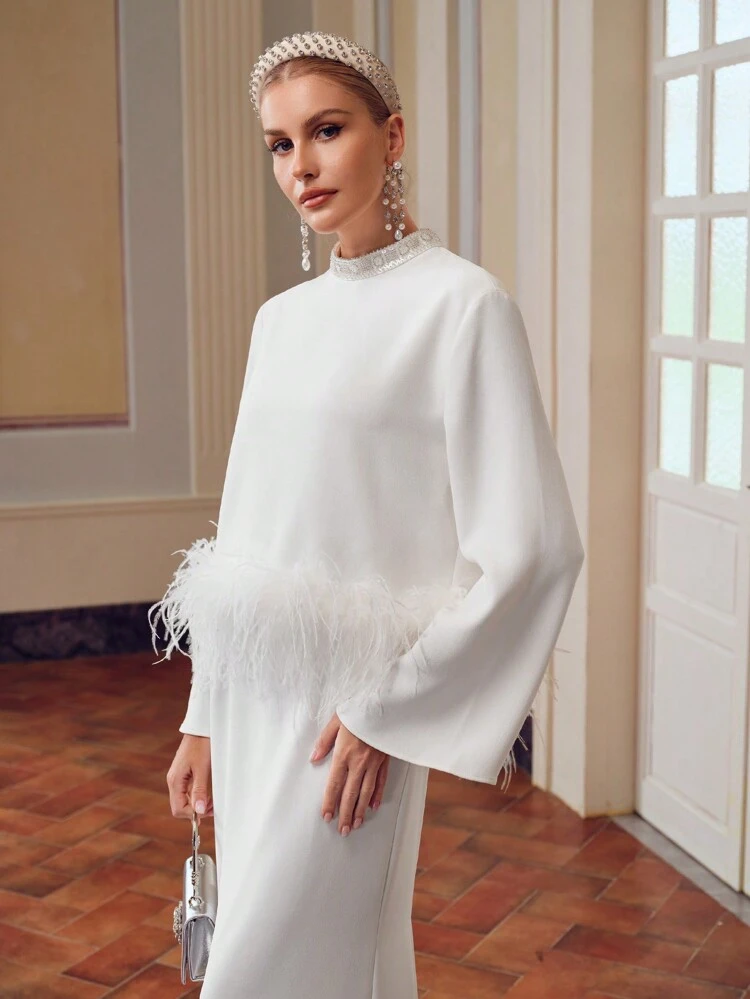 ZEYLAH FAUX PEARL MOCK NECK BELL SLEEVE Fluffy HEM TOP