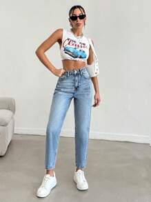 EURMUSE Petite High Waist Snow Wash Mom Jean - Mediumtvätt - Visa 6