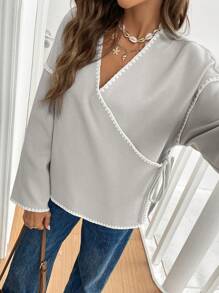 SHEIN Frenchy Veste croisée décontractée pour femmes en automne, avec blocs de couleurs et passepoil - Gris - Voir 7