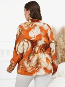 SHEIN Clasi 大码女式春季优雅大理石印花长袖衬衫 - 橘色 - 查看 2