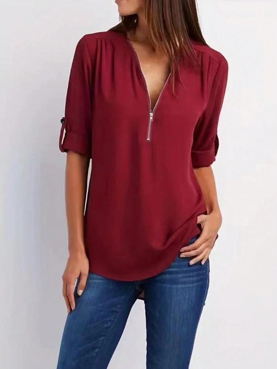 Women's Solid Color Half Zip Modest Burgundy Rolled Sleeve Shirt, Summer - Burgundy - View 1