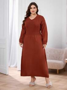 Modelyn Plus Size Women V-Neck Twist Cable Solid Color Dress - Redwood - View 4