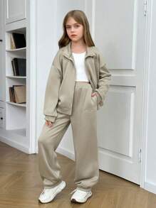 SHEIN 2 件 Tween 女童休闲宽松连帽衫和抽绳裤套装 - 卡其色 - 查看 8