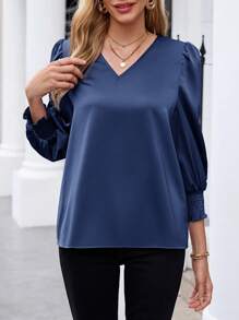 SHEIN LUNE 女士休闲 V 领灯笼袖纯色衬衫 - 藏蓝色 - 查看 6