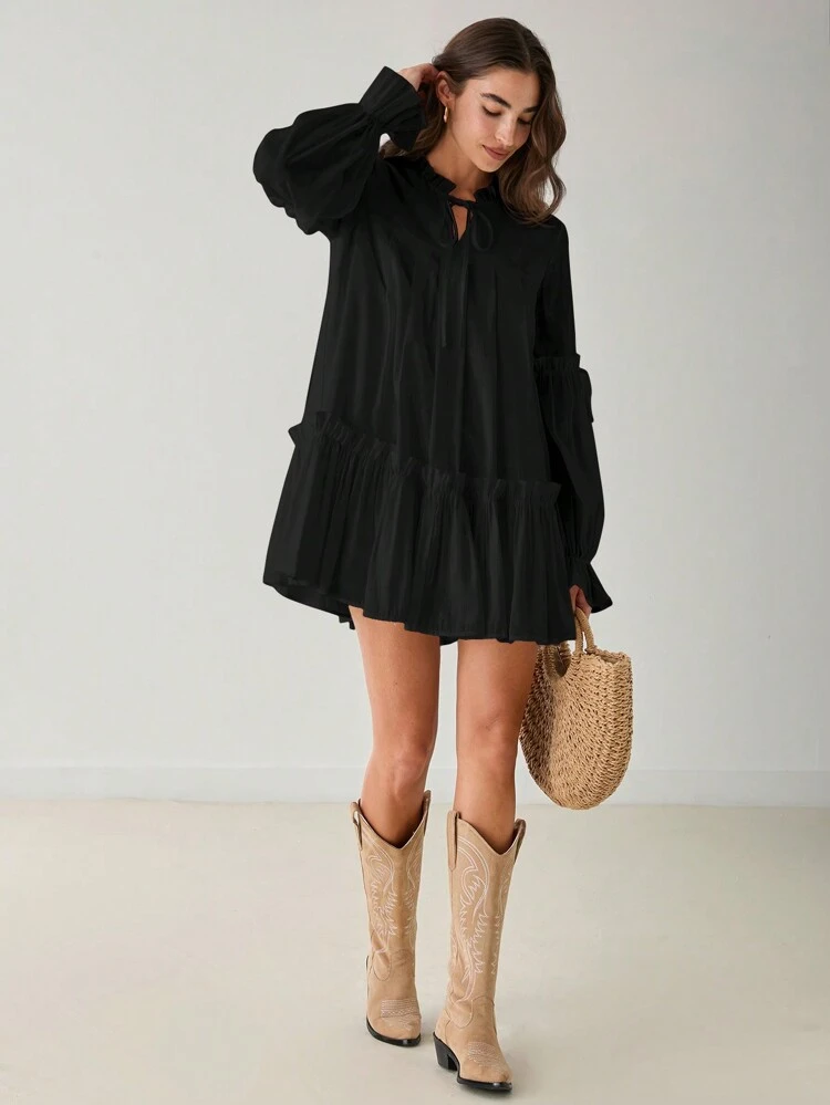 Spring/Winter Romantic Women's Vacation Cute Sweetheart Casual Black Ruffle Hem Dress,Sweet&Elegant Outfit For Valentine's Day&Christmas Party&New Years&Birthday&Holiday &Sweet Date Night&Daily Commuting
