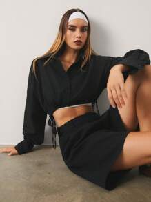 SHEIN Unity Women's Casual Simple Solid Color Drawstring Hem Cropped Shirt - Black - View 1
