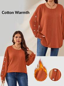 SHEIN LUNE Camiseta casual de manga larga, cuello redondo, suelta y acanalada con decoración de botones para mujer de talla grande, conjunto ideal para el Día de Acción de Gracias y días festivos