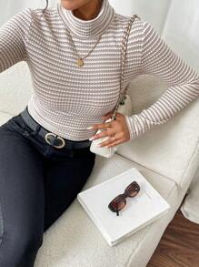 SHEIN Frenchy Áo thun nữ cổ lọ kẻ sọc dài tay ôm vừa vặn cho mùa thu - Màu be - Xem 4