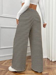SHEIN EZwear Plus Size Casual Striped Straight Leg Pants, Autumn