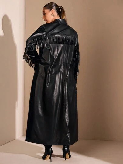 SHEIN BAE 大码女式秋冬长袖时尚百搭西部风流苏仿皮PU风衣 - 黑色