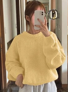 DAZY 休闲纯色落肩宽松毛衣，秋冬，返校服，秋季女装 - 黃色 - 查看 4