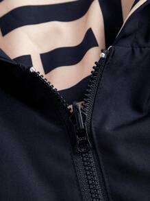 SHEIN Clasi Plus Size Women Geometric Print Long Sleeve Drawstring Waist Reversible Hooded Jacket, Casual For Autumn - Navy Blue - View 13