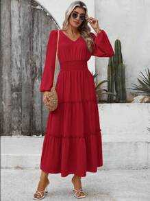 EMERY ROSE Vestido con cuello en V, manga larga y dobladillo con volantes para mujer - Rojo - Ver 3