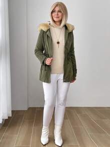 SHEIN LUNE Women Casual Cinched Waist Zip Up Contrast Fuzzy Trim Hooded Coat, Winter Clothes