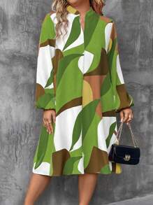 EMERY ROSE Plus Size Casual Color-Block Cutout Neck Lantern Sleeve Loose Dress, Autumn Fall Cloth For Women