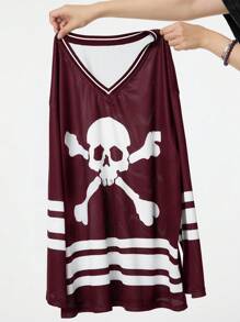 SHEIN EZwear Punk Y2K Style Skull Print Long Sleeve Varsity Jacket - Burgundy - View 5