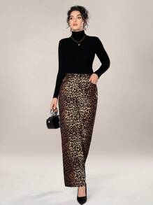 Mulvari 女款豹纹渐变印花直筒裤 - 棕色 - 查看 6