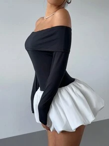 Aloruh Vestido elegante con hombros descubiertos, bloqueo de color y bajo con volantes para el otoño - Amarillo - Ver 6