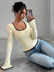 RosyDaze Casual Colorblock Bell Sleeve Sweater, Autumn/Spring
