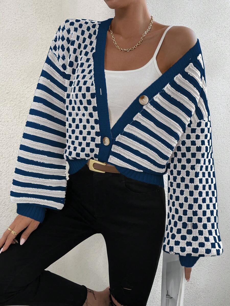 SHEIN Unity Women Casual Stripe & Checkerboard Splicing Drop Shoulder Loose Knit Cardigan - Multicolor - View 1
