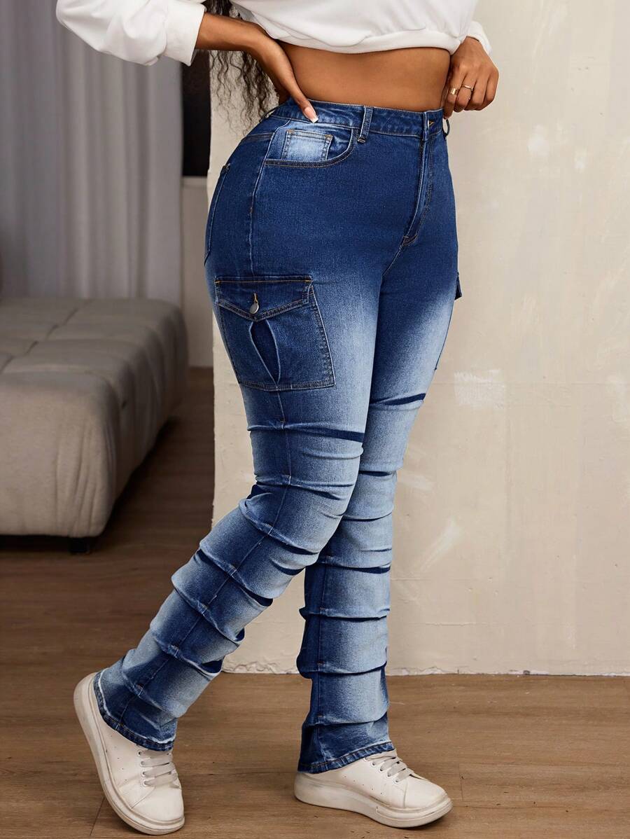 SHEIN SXY Plus Size Denim Elastic Cargo Pleated Flared Pants SHEIN