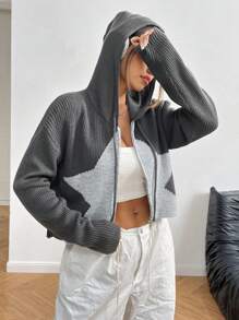 SHEIN Unity Sudadera con capucha y cremallera de uso diario casual con estampado de estrellas y cordón, para otoño/invierno - Gris - Ver 3