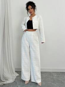 Rafferiza Women Versatile Commuter Round Neck Fashionable Golden Line Checked Fabric Button Decorated Short Cropped Long Sleeve Jacket & Straight Leg Pants White Suit Set Fall Cloth For Women - White - View 4
