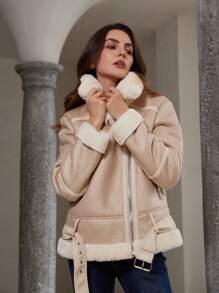 Aveloria Rosie Premium Faux Shearling Jacket For Women, Thickened Lapel Motorcycle Jacket For Fall/Winter