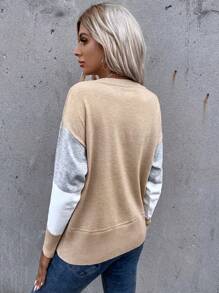 SHEIN LUNE Women's Autumn/Winter Color Block Crew Neck Drop Shoulder Casual Pullover Sweater - Khaki - View 2