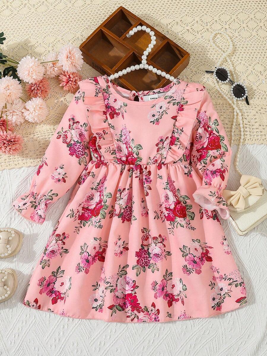 SHEIN Váy dài tay cổ bèo xếp nếp in hoa mùa thu đông cho bé gái - Hồng - Xem 1