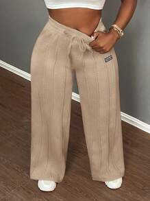 Slaydiva Pantalones rectos de color liso con cordón en la cintura, informales - Caqui - Ver 9