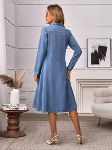 SHEIN LUNE Váy denim dài tay thường ngày cho nữ có nút phía trước, túi - Màu xanh lam - Xem 2
