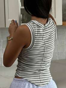 Summer Women's Back Splicing Design Commuter Chic Striped Print Sleeveless Slim Vest Top - Grey - View 1