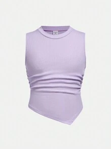 SHEIN Tween Girl Fitted Stretch Casual Solid Color Asymmetrical Hem Tank Top - Mauve Purple - View 1