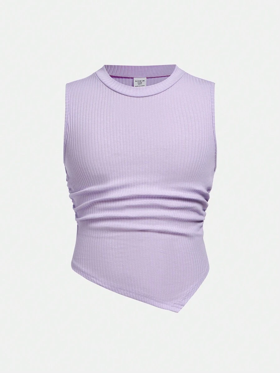 SHEIN Tween Girl Fitted Stretch Casual Solid Color Asymmetrical Hem Tank Top - Mauve Purple - View 1